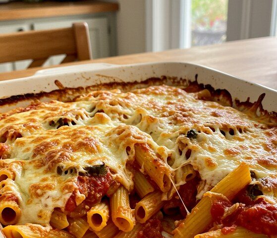A baked pasta dish with melted cheese on top in a white oven dish