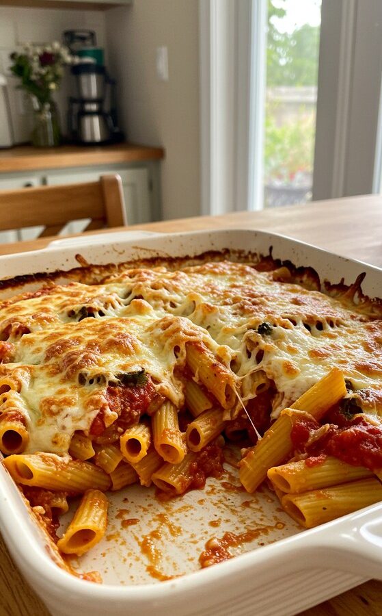 A baked pasta dish with melted cheese on top in a white oven dish