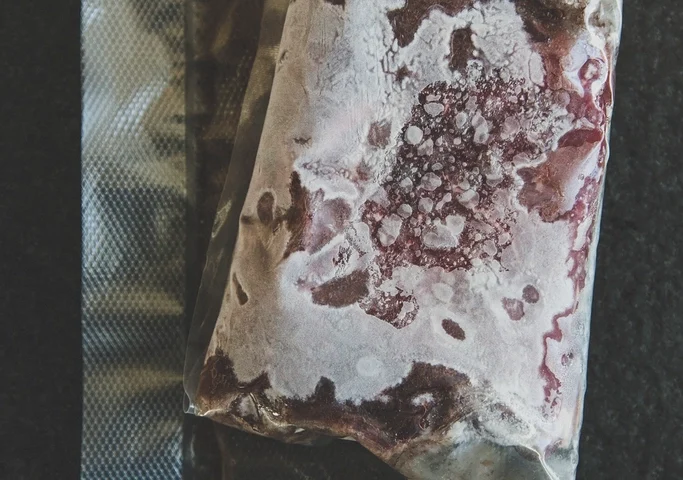 A bag of frozen meat covered in a layer of frost