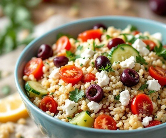 A bowl of giant couscous salad with cherry tomatoes, cucumber, black olives and feta