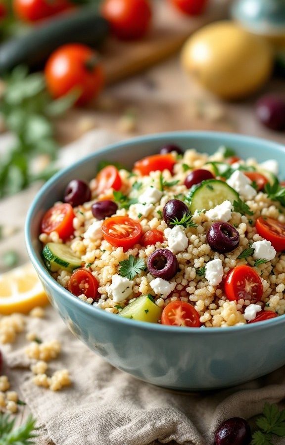 A bowl of giant couscous salad with cherry tomatoes, cucumber, black olives and feta