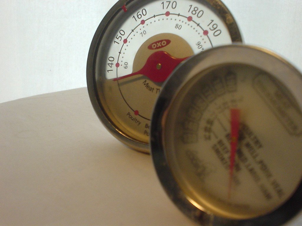 Two dial meat thermometers standing on a kitchen worktop