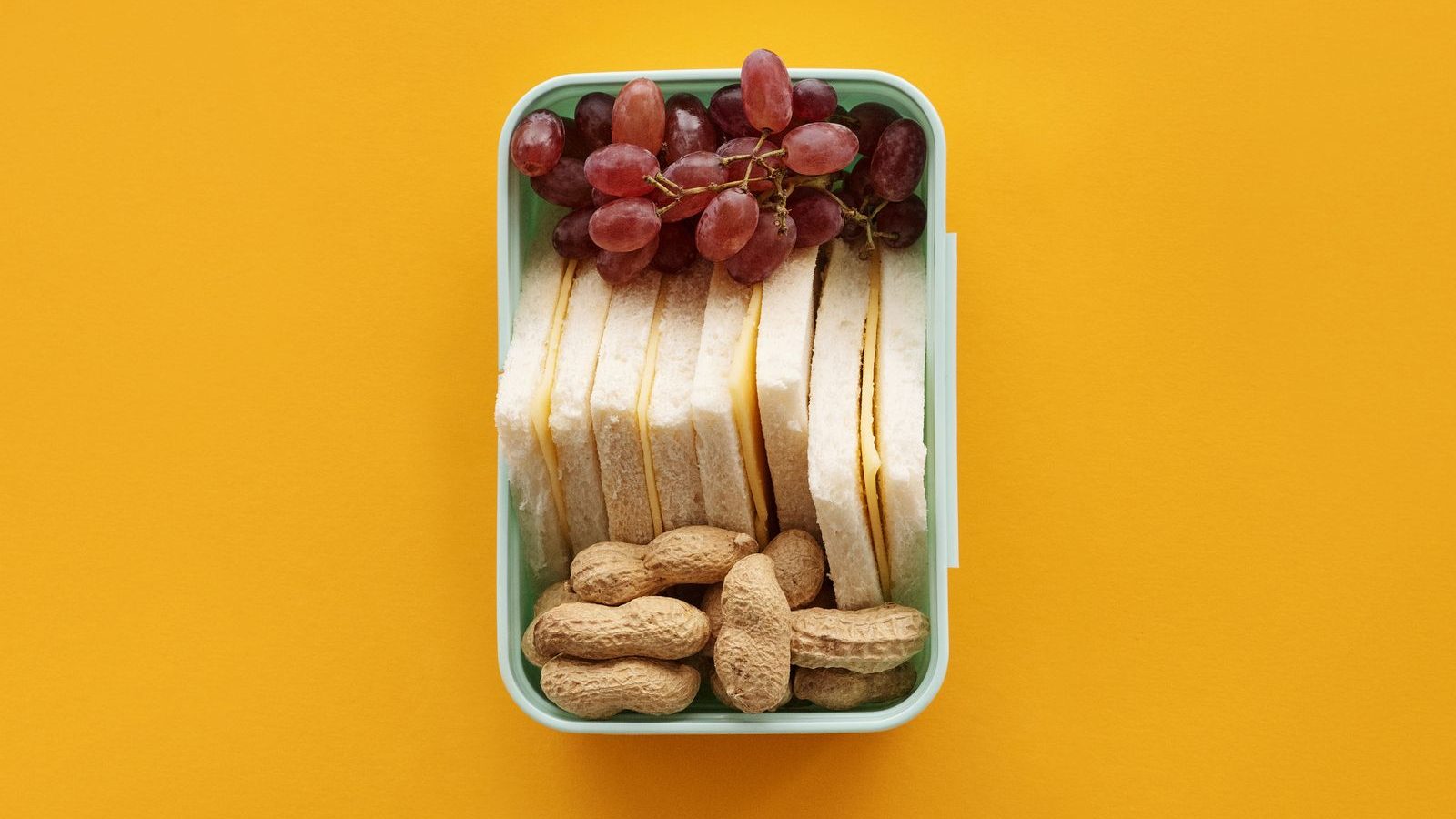 A single compartment lunch box packed with berries and nuts on a yellow background