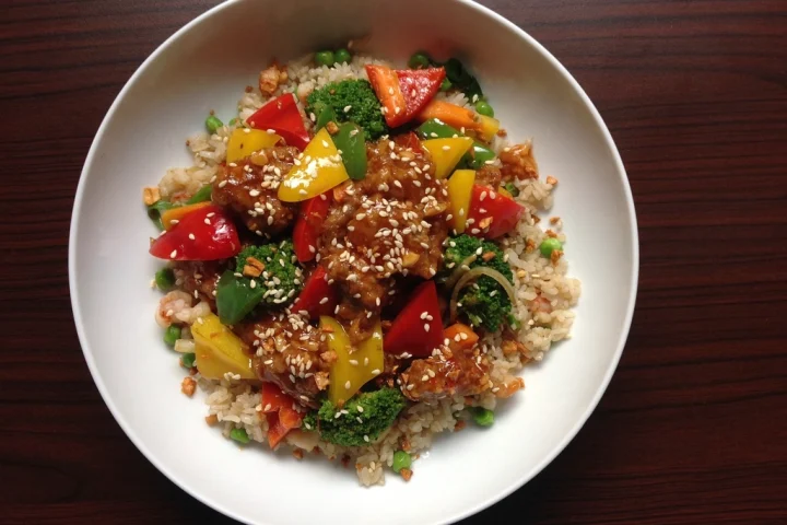 A bowl of rice mixed with chopped red and yellow peppers, tomato and herbs