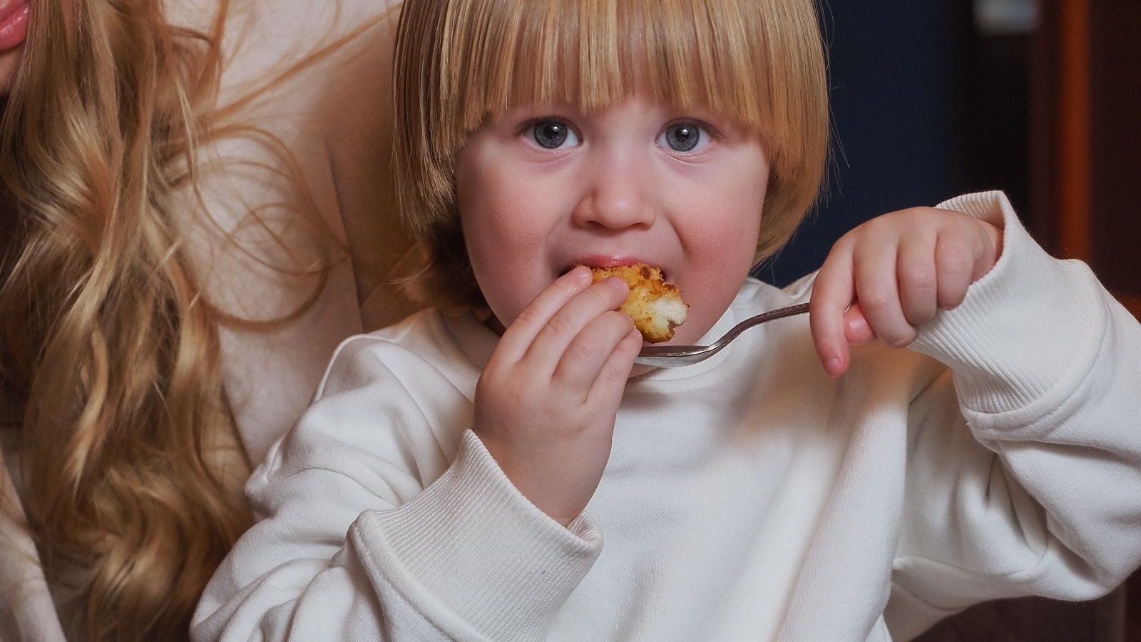 A young child eating a plate of dinner at the table at home